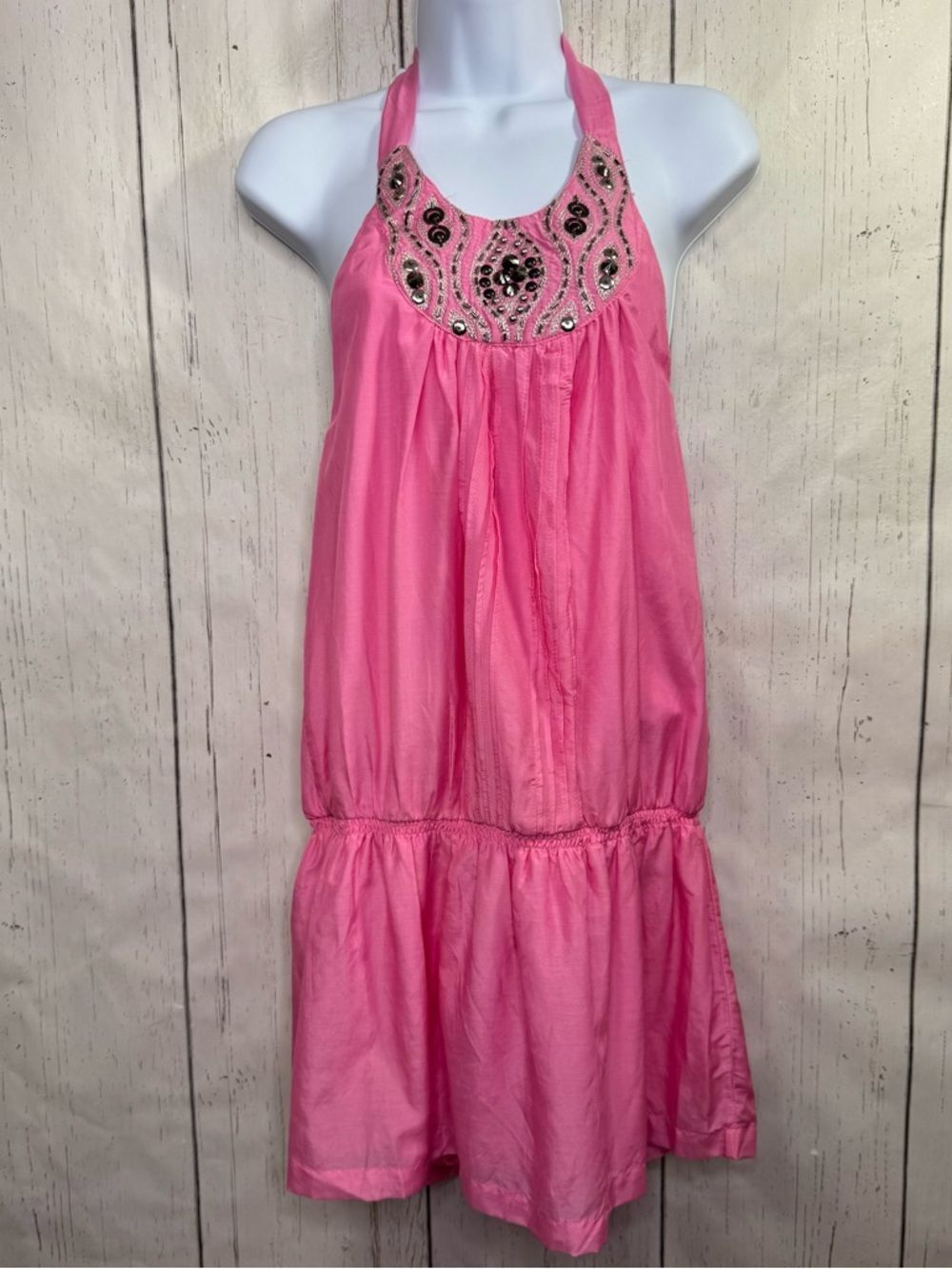 Hot & Delicious Pink Silk Blend Beaded Halter Bubble Hem Dress M Y2K Coquette